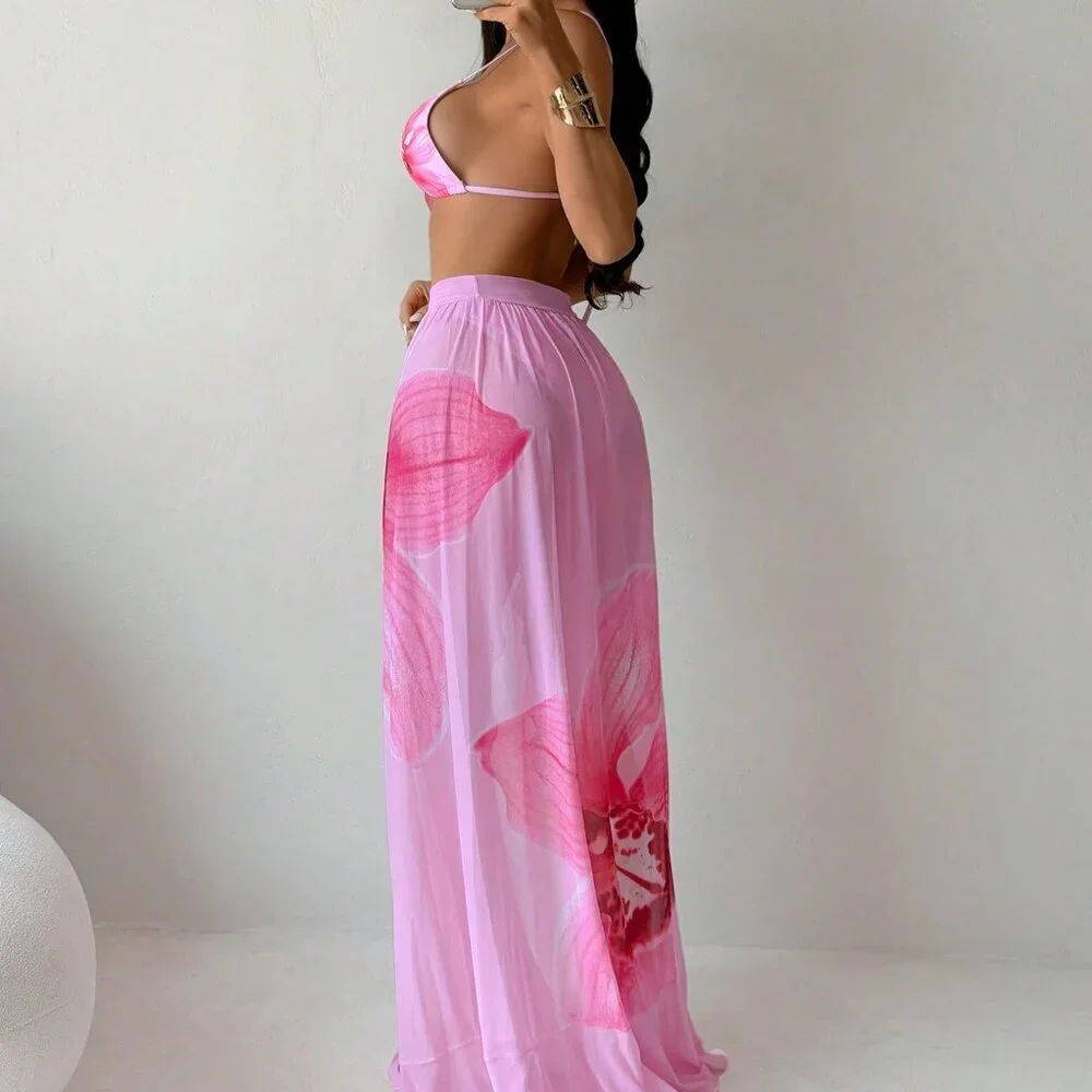 Pink Elegant Women's Floral Halter BGikini set with Maxi Skirt